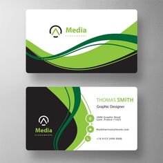 two business cards with green and black swirls on the front, one is for media