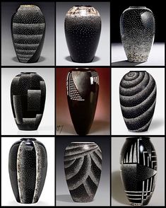 many different vases are shown in black and white colors, including one with wavy designs