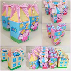 several images of peppa pig boxes with bows and decorations on the top one is pink, blue, yellow and green