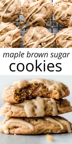 maple brown sugar cookies are stacked on top of each other and drizzled with icing