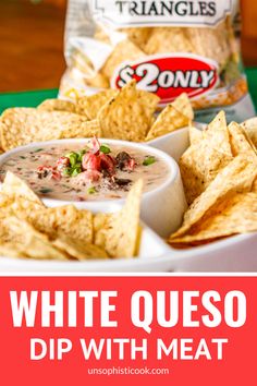 white queso dip with meat chips on the side