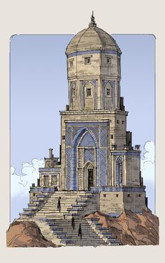 an artistic drawing of a building with steps leading up to the top and below it