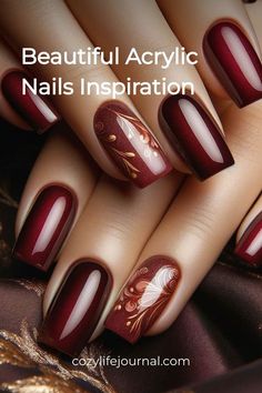 Fall Color Swirl Nails, Burgundy Nails With Flowers, Burgundy Gold Nail Designs, Fall Ombre Nails Ideas Autumn Short, Fall Nail Colors Designs, Gel Nail Designs For Fall Autumn, Fall Ombre Nails Burgundy, Nail Art Fall Colors, Autumn Inspired Nails