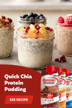 chia protein pudding in glass jars with fruit and yogurt on the side