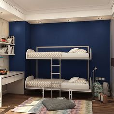 a bunk bed in a room with blue walls and wooden flooring, along with a rug on the floor