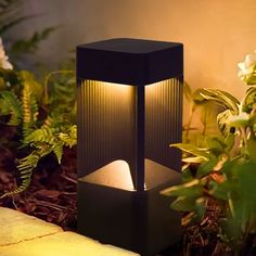 an outdoor light that is lit up in the dark with flowers around it and plants behind it