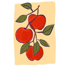 a drawing of three cherries on a branch with leaves