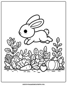 a coloring page with an image of a rabbit jumping over vegetables