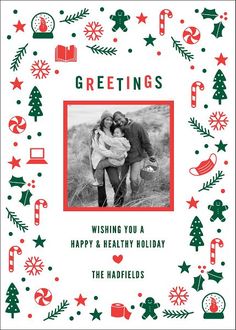 a holiday card with an image of two people hugging