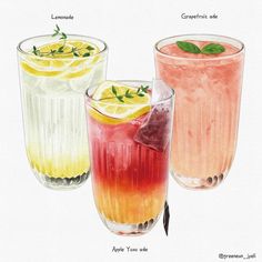 three different types of drinks are shown in this drawing