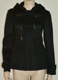 AUTHENTIC BURBERRY BLACKWELL SHORT WOOL DUFFLE COAT Color: Black New with tags.                                                                                                                                                                                                                            Women's size: US 2 EU 36                                 Measurements: underarm to underarm - 15.5"                                      shoulder to shoulder - 15."                                                                                                                                                                       inside arm length - 17.5"                                       length, straight down center of back - 24"  (measurements taken outside of garment when garment is lying f Designer Wool Pea Coat, Wool Outerwear With Toggle Closure For Work, Designer Fitted Wool Pea Coat, Burberry Coat Women, Burberry Wool Coat, Burberry Quilted Jacket, Red Pea Coat, Toggle Coat, Burberry Coat