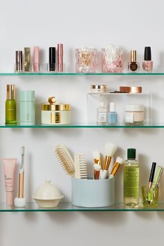 the shelves are filled with various beauty products