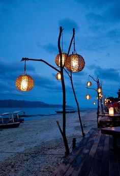 lanterns are hanging from the branches of a tree at dusk on a beach with boats in the background