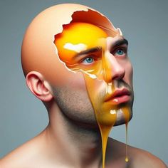 a man's face is covered in yellow liquid