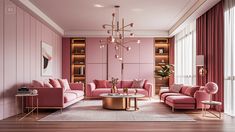 a living room with pink couches, chairs and a chandelier hanging from the ceiling