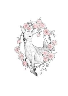 a drawing of a deer surrounded by flowers