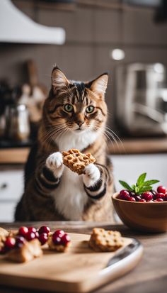 a cat sitting at a kitchen table with food in front of it and looking up