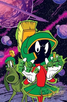 an image of marvin the martian with money in his hand and another cartoon character behind him