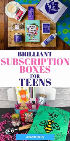 some books and other items that are on a table with the title brilliant subscription boxes for teens