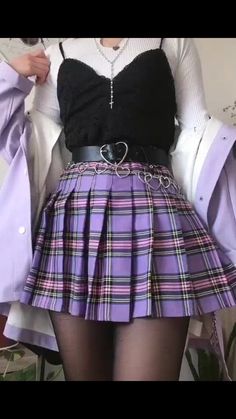 Purple Plaid Skirt Outfit Aesthetic, Pastel Purple Goth Outfits, Pastel Plaid Skirt, Black And Violet Outfit, Casual Fischl, Emo Outfits With Skirt, Pastel Egirl Fashion, Purple Skirt Outfit Aesthetic, Purple Pleated Skirt Outfit