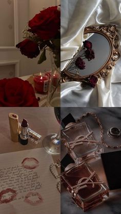 a table topped with lipstick, perfume bottles and a vase filled with red roses next to a mirror