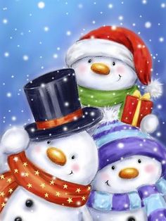 three snowmen wearing hats and scarves in the snow