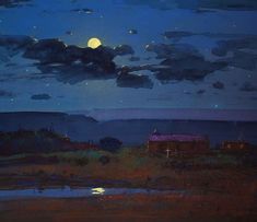 an oil painting of a night sky with clouds and the moon shining brightly over a farm