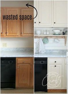 the before and after shots of a kitchen with white cabinets, black appliances, and wood flooring