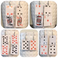 four different pictures of playing cards hanging from hooks