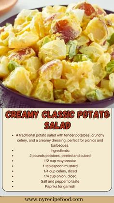 the recipe for creamy classic potato salad is shown in an advertisement with information about how to make it