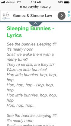 an iphone screen with the text sleeping bunnies - lyrics written on it