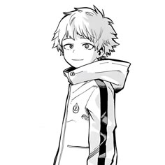 a black and white drawing of a boy with short hair wearing a jacket, tie and pants