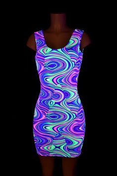 NEON Glow Worm Print Bodycon Spandex Stretch Tank Style Mini Dress Rave Clubwear EDM   -E7930 Uv Party Outfit, Glow Outfits, Uv Party, Glow Stick Party, Glow In Dark Party, Neon Dress, Glow Worm, Neon Dresses, Neon Outfits