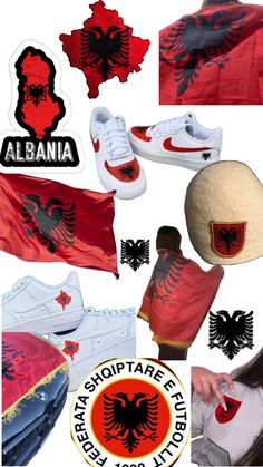 many different types of shoes and hats are shown in this collage with the emblems on them