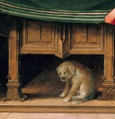 a painting of a dog sitting under a table