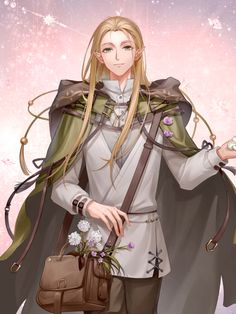 an anime character with long blonde hair holding a purse and wearing a cloak over her shoulders