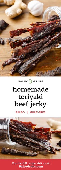 the recipe for homemade teriyaki beef jerk is shown in two separate images, one with