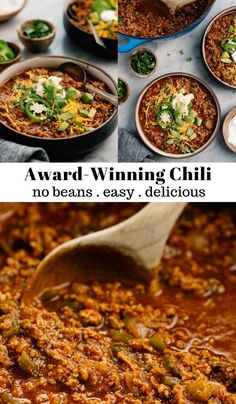 the recipe for award winning chili is shown in three different pictures, including one being spooned