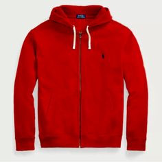 Polo Ralph Lauren Fleece Full Zip Hoodie 2xb Split Kangaroo Pocket-Drawstring Hoodie-Ribbed Sleeve At The Wrist And Waist-Retail Is $125/ Nwt Casual Solid Fleece Jacket With Drawstring Hood, Fleece Tops With Drawstring Hood, Casual Fleece Sports Jacket, Casual Fleece Jacket For Loungewear, Casual Cozy Fit Fleece Jacket, Red Hooded Fleece Jacket Casual, Casual Red Hooded Fleece Jacket, Casual Fleece Jacket With Cozy Fit, University Red Hooded Sweatshirt Casual