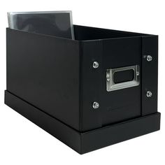 a black box with metal handles is shown on a white background for use as an office organizer