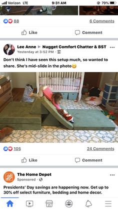 two screenshots showing the same person sleeping in their crib, and one shows them on facebook