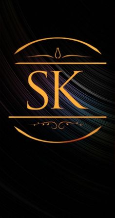 the logo for sk is shown in gold and black with swirly lines around it