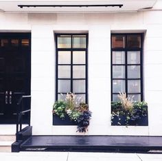 two black windows with plants in them on the side of a white building next to stairs