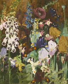 a painting of many different colored flowers in a garden with dark brown and white colors