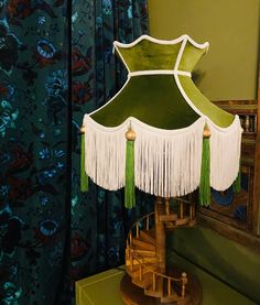 Lampshade With Fringe, Beaded Fringe Lampshade, Fringed Lampshade, 70s Lampshade, Fringe Lampshade, Velvet Crown, Modern Minimalist Interior Design, Fringe Lampshade Vintage, Green Victorian Lampshade