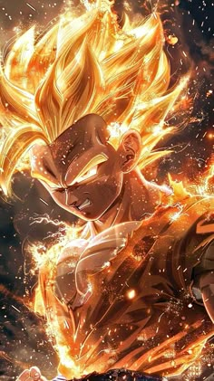 an anime character with yellow hair and fire in the air, holding his arms out