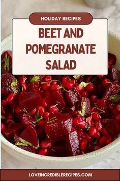 beet and pomegranate salad in a bowl with text overlay