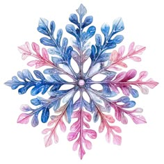 a watercolor painting of a snowflake with blue, pink and purple leaves