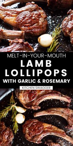 lamb lollipops with garlic and rosemary in a skillet