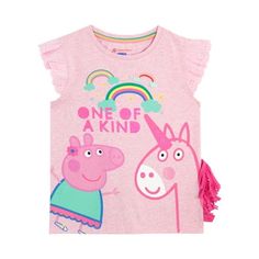 Girls Peppa Pig T-Shirt. Make every outfit extra magical with this adorable Peppa Pig tee! Featuring a large print of Peppa and a Unicorn with glittery details, as well as the slogan 'One of a kind' in eye-catching pink glitter this top is one every fan of the beloved piglet would love. It also comes with delicate cap sleeves in broderie anglaise, an embroidered rainbow and clouds on the front and a side fringe as the Unicorn's mane. Size: 8.  Gender: female.  Age Group: kids. Rainbow And Clouds, Pig Girl, Embroidered Rainbow, Side Fringe, Unicorn Tshirt, A Unicorn, Kids Outfits Girls, Peppa Pig, Pink Glitter